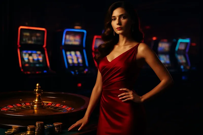 Elegant Casino Banner Beautiful woman in red dress posing confidently near roulette and slot machines with neon lights and gold coins in a luxury Bangladesh casino