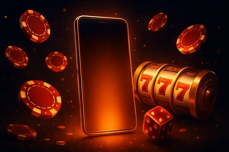 Glowing Smartphone Casino Banner Panoramic banner with glowing smartphone, floating casino chips, slot reels, and dice on a dark luxurious background with gold accents